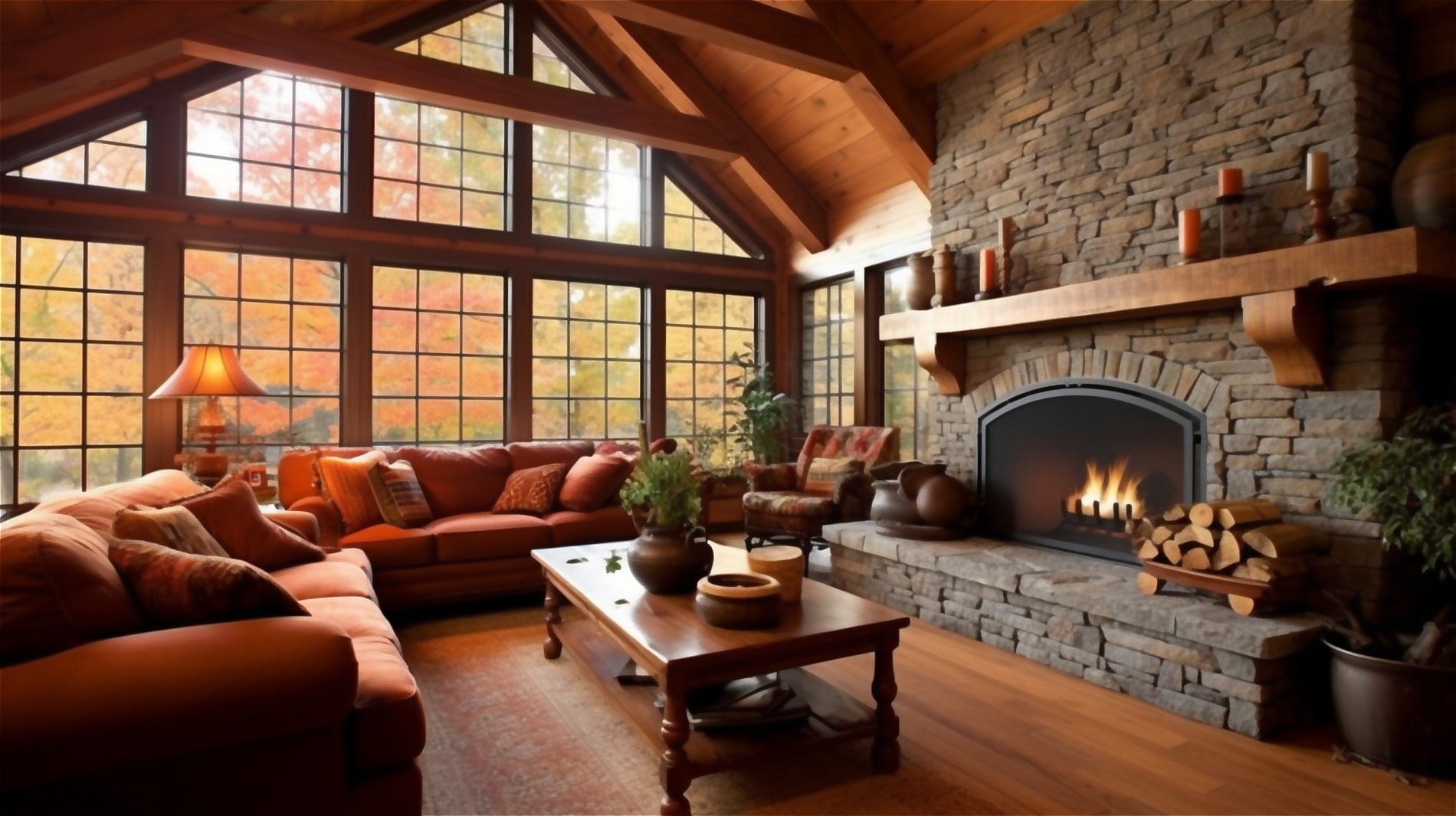 This cozy and inviting living room is inspired by rustic style, with its use of natural materials and warm colors. The walls are painted in a warm earth tone,  the stone or brick fireplace